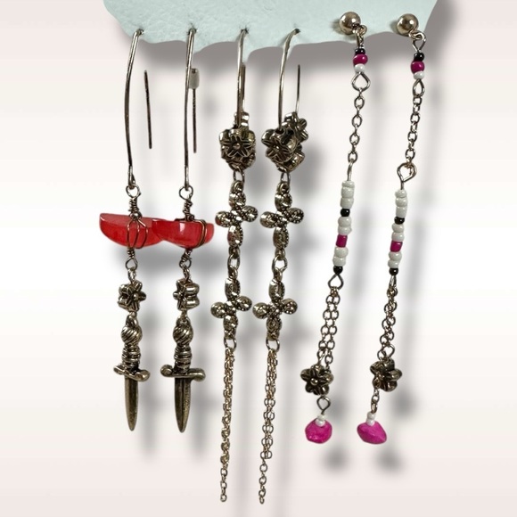 Free People Sirens Hoop Set Gold Hot Pink NWT Dangles Earrings Bohemian Daggers - Picture 9 of 12